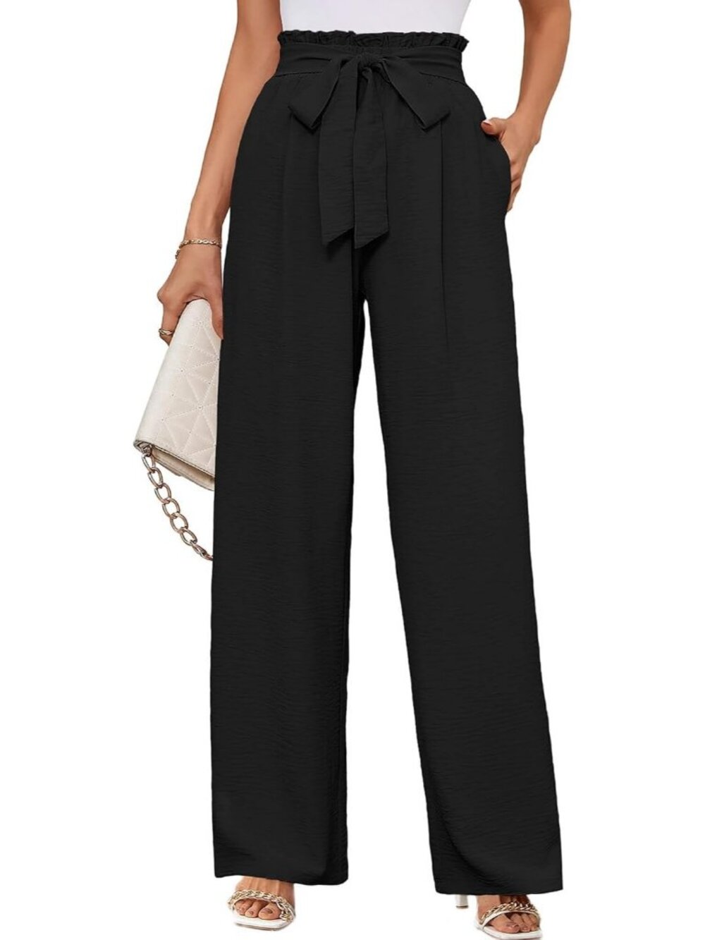 Women's Black Wide Leg Pants High Waisted Tie Knot Loose Comfy Casual Trousers